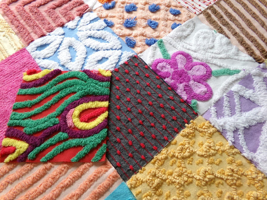 colorful medley 6" chenille squares, crazy patchwork quilt style, set of 17 quilt blocks rotary cut from vintage chenille bedspread fabrics
