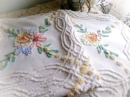 so shabby sweet vintage chenille fabric, needletuft florals with buttercup yellow puffs, 24"x 26" inch piece of quilt & sewing material