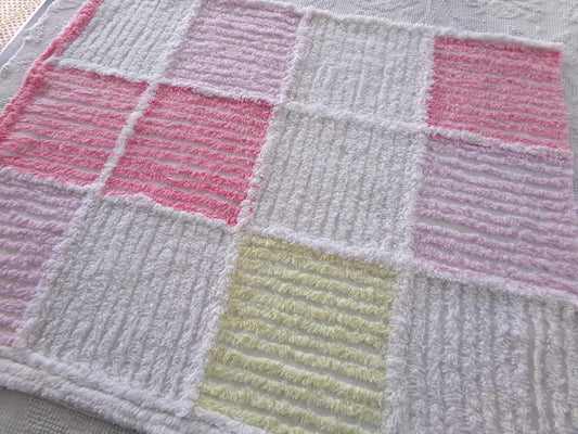 Unique Quilt Style Vintage Chenille Fabric Piece, Spring Pink Yellow & White Colors, 25" x 20" inch Sewing Material