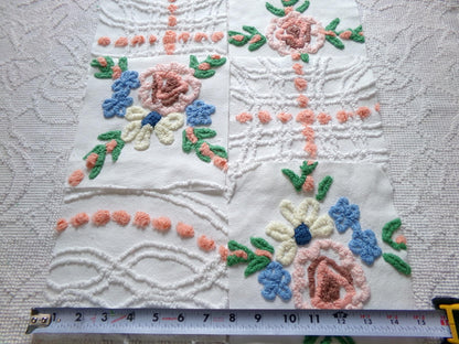 summer garden chenille fabric squares, set of 6 vintage 7.5" quilt blocks, peach, white rose floral & geometric for sewing, crafts, quilting