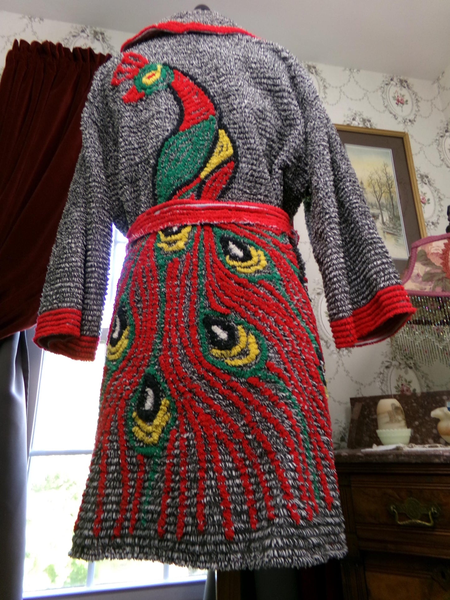 Vintage Chenille Peacock Robe, Short Length Bathrobe or Coverup, Salt 'n Pepper Black & White w/ Red Accents, Handmade