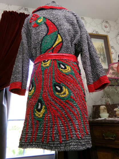 Vintage Chenille Peacock Robe, Short Length Bathrobe or Coverup, Salt 'n Pepper Black & White w/ Red Accents, Handmade