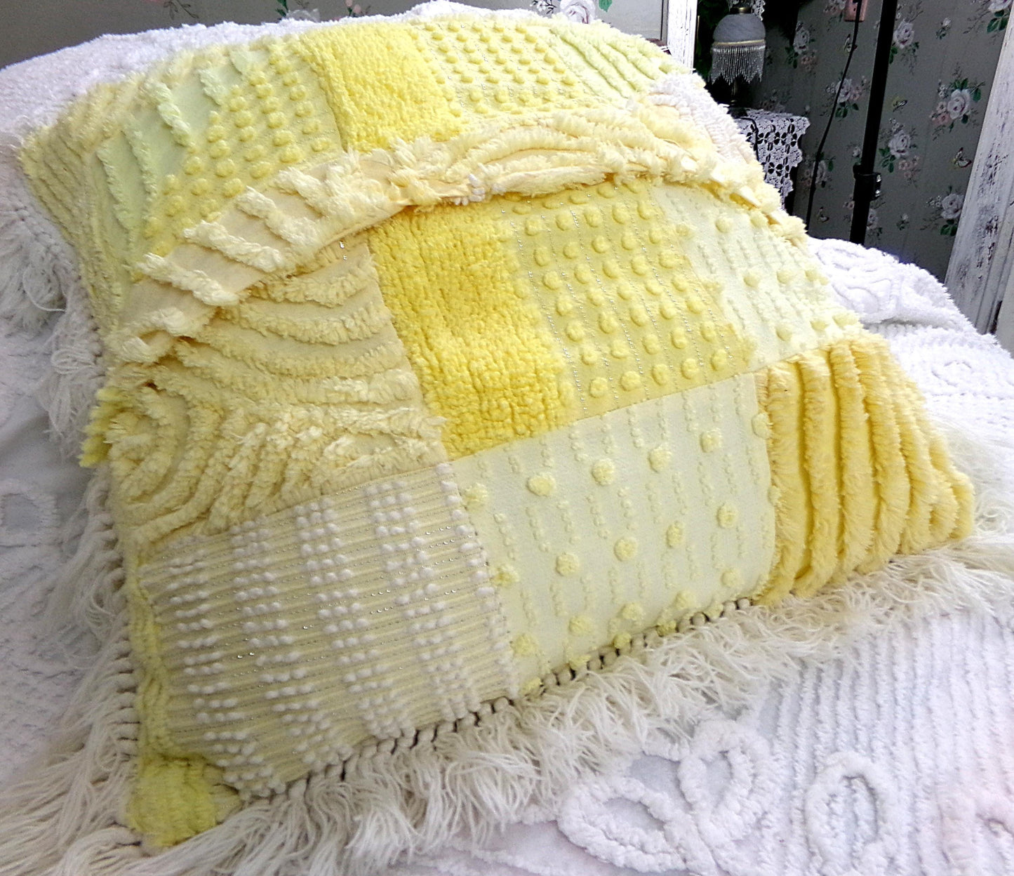 Vintage Chenille Patchwork Pillow | Reversible Mixed Yellow & White Prints, Fringe Accent | Boho Farmhouse Style, 17" x 18" w/ Insert