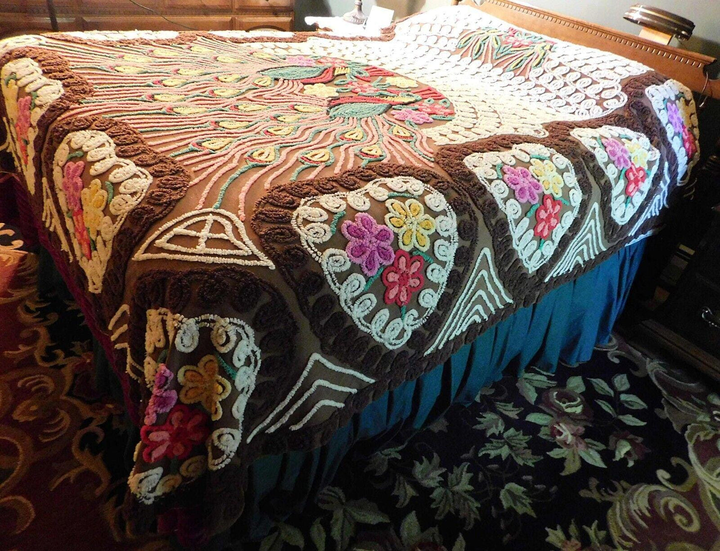 Iconic Vintage Peacock Chenille Bedspread, Rainbow Lovebirds & Hearts, FULL Size