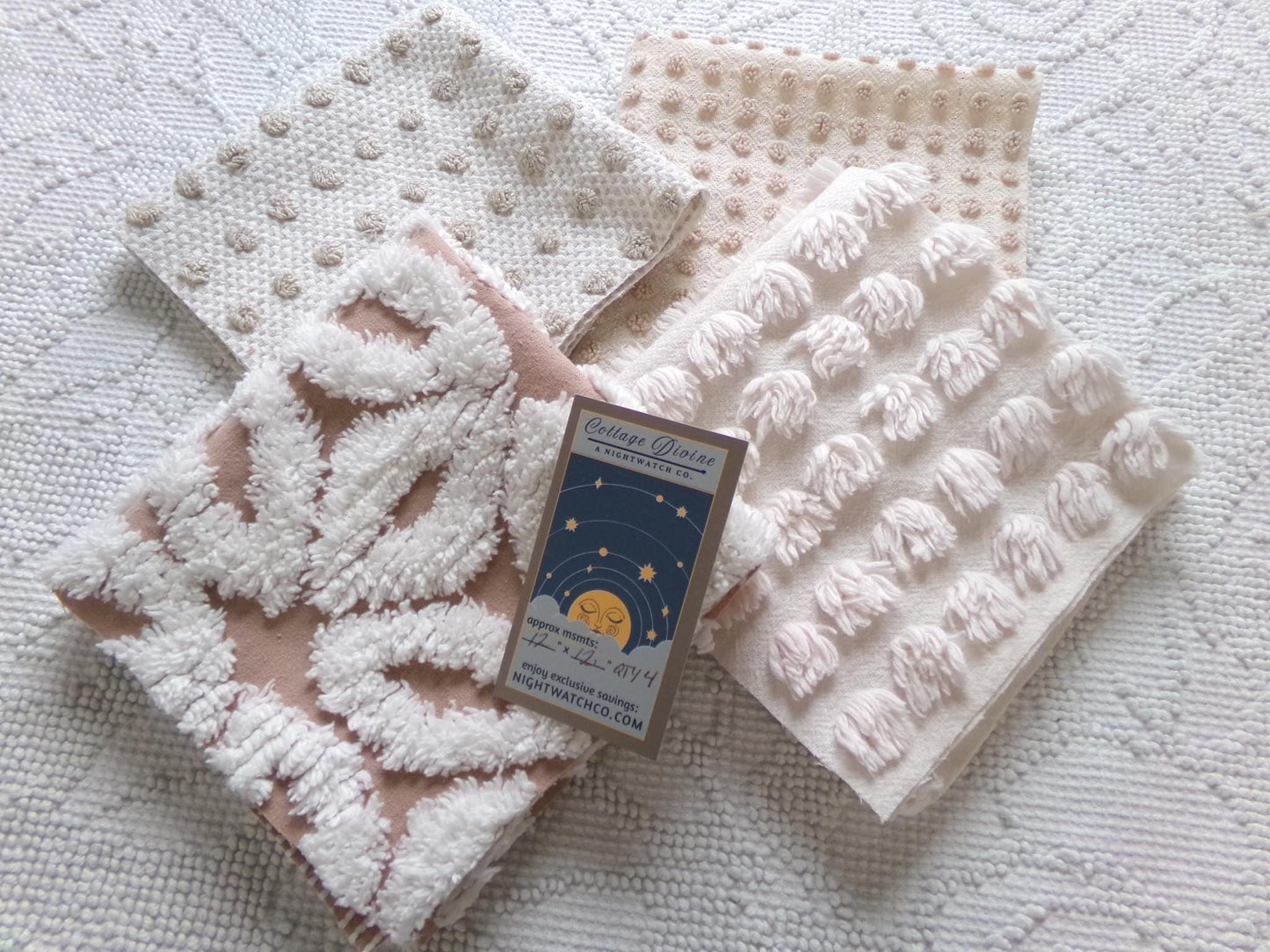contemporary neutral chenille fabric squares, set of 4 texturized vintage large quilt blocks 12" inches ea, dots & daisies