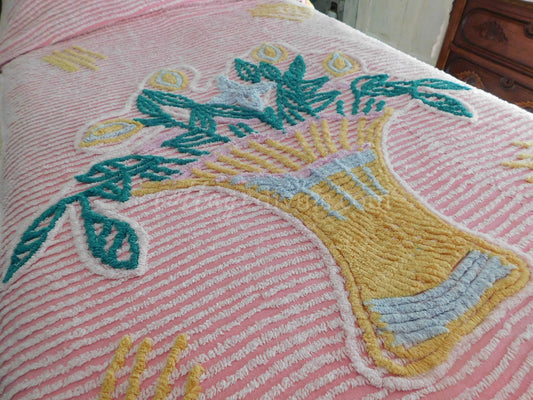 Vintage Chenille Bedspread, Giant Flower Basket on Pink, Full Size, 100% Cotton, Shabby Cottage Bedding