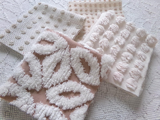 contemporary neutral chenille fabric squares, set of 4 texturized vintage large quilt blocks 12" inches ea, dots & daisies