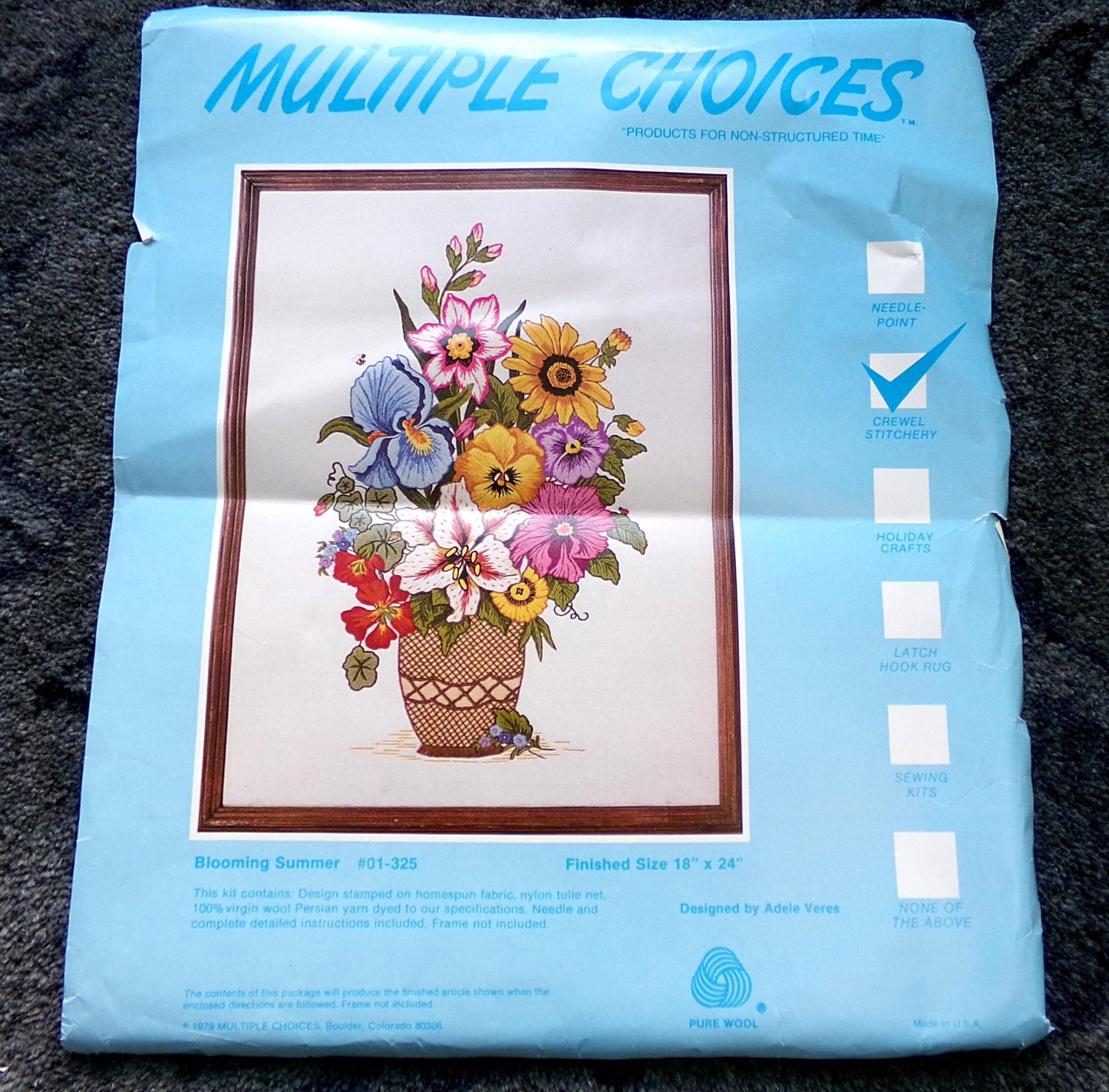 BLOOMING SUMMER Crewel Embroidery Kit, Rare Vintage Multiple Choices Floral Stitchery 01-325, Adele Veres design