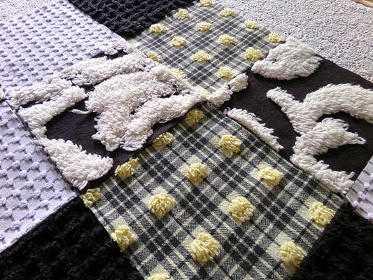 Busy Bee Fabric Squares, Cut from Vintage Chenille Bedspreads, Bold Black & Yellow Colors, 16 Quilt Blocks, 6" x 6" inch each