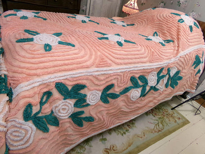 white roses in autumn vintage chenille bedspread, lovely peach glow cotton full size shabby chic bedding