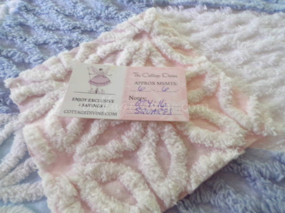 Fluffy Soft 6" Chenille Fabric Squares, Set of 16 Quilt Blocks, Pink, Blue & White Daisy Designs Cut from Vintage Chenille Bedspreads