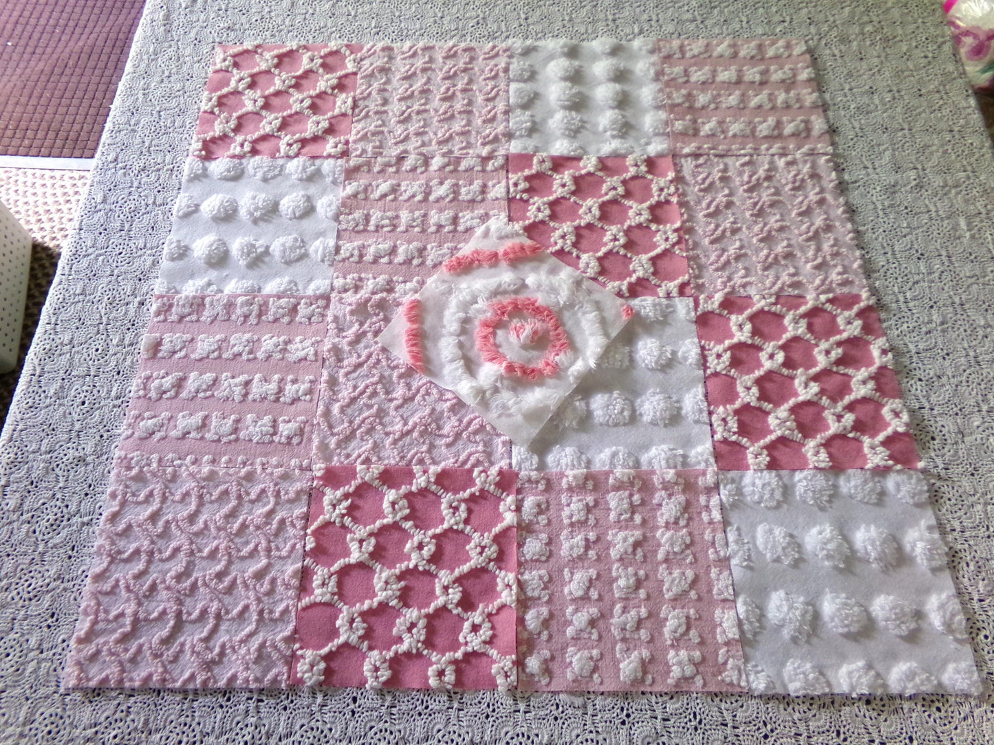 Must Luv Pink Quilt Squares Set from Vintage Chenille Bedspread Fabric, 17 Blocks, 6" x 6" inch
