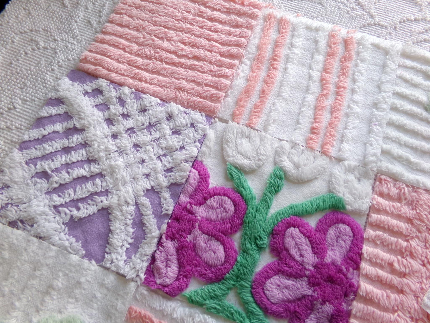 springtime mix 6" chenille squares, peach, white & purple set of 17 craft quilt blocks cut from vintage chenille bedspread fabrics