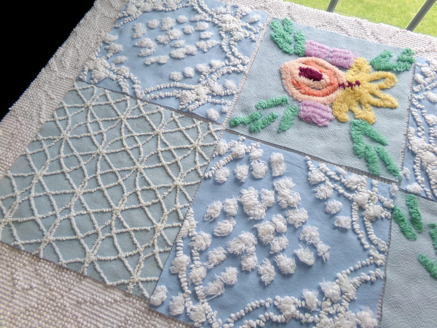 coastal wanderings chenille fabric squares, set of 8 vintage 7.5" quilt blocks, sky blue & white, for sewing, crafts, quilting