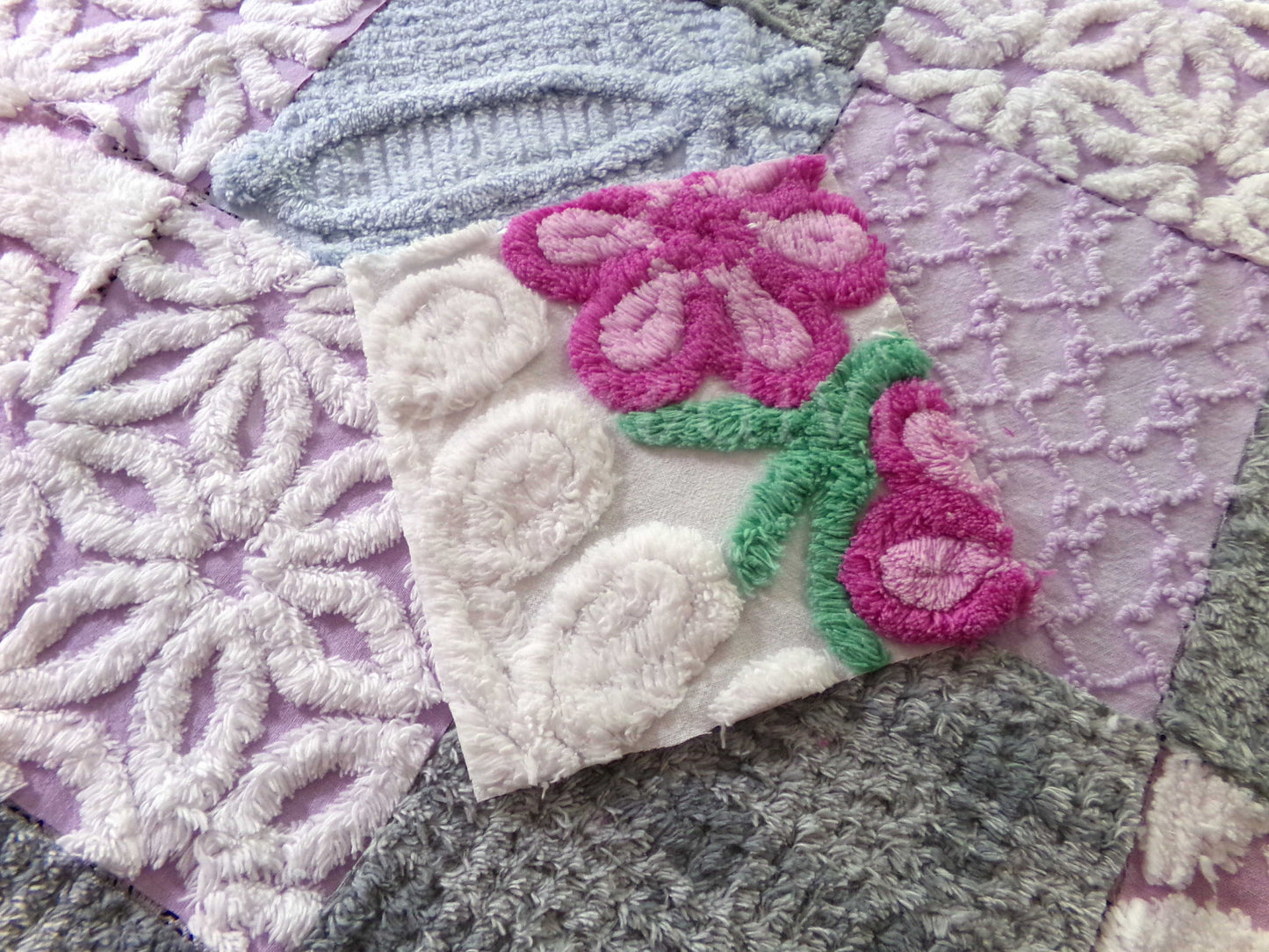 Sweet Dreams Vintage Chenille Fabric Squares, in Grey, Lilac, White & Blue, Set of 17 Blocks, 6" Each for Quilts, Crafts