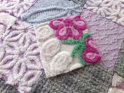 Sweet Dreams Vintage Chenille Fabric Squares, in Grey, Lilac, White & Blue, Set of 17 Blocks, 6" Each for Quilts, Crafts
