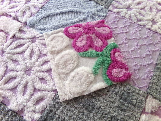 Sweet Dreams Vintage Chenille Fabric Squares, in Grey, Lilac, White & Blue, Set of 17 Blocks, 6" Each for Quilts, Crafts