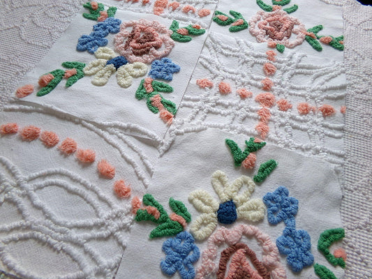 summer garden chenille fabric squares, set of 6 vintage 7.5" quilt blocks, peach, white rose floral & geometric for sewing, crafts, quilting