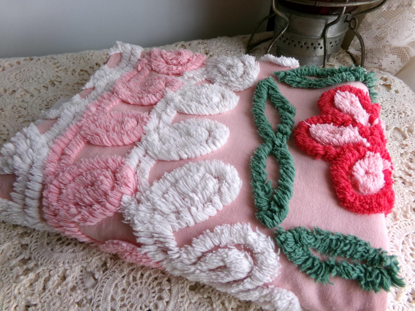 beautiful shabby pink vintage chenille fabric, frosted wedding cake design with rose flower, 20" x 31" inch piece of sewing material