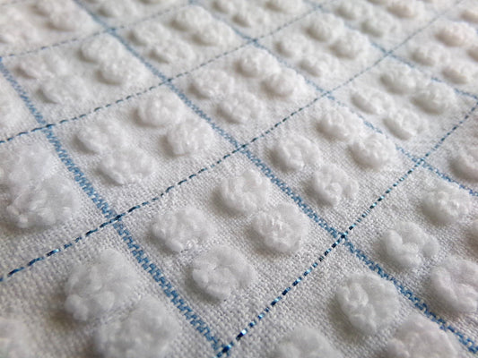 coastal white pops chenille fabric, quad popcorns in sparkle blue squares, 16" x 29" inch piece of vintage sewing & quilt material