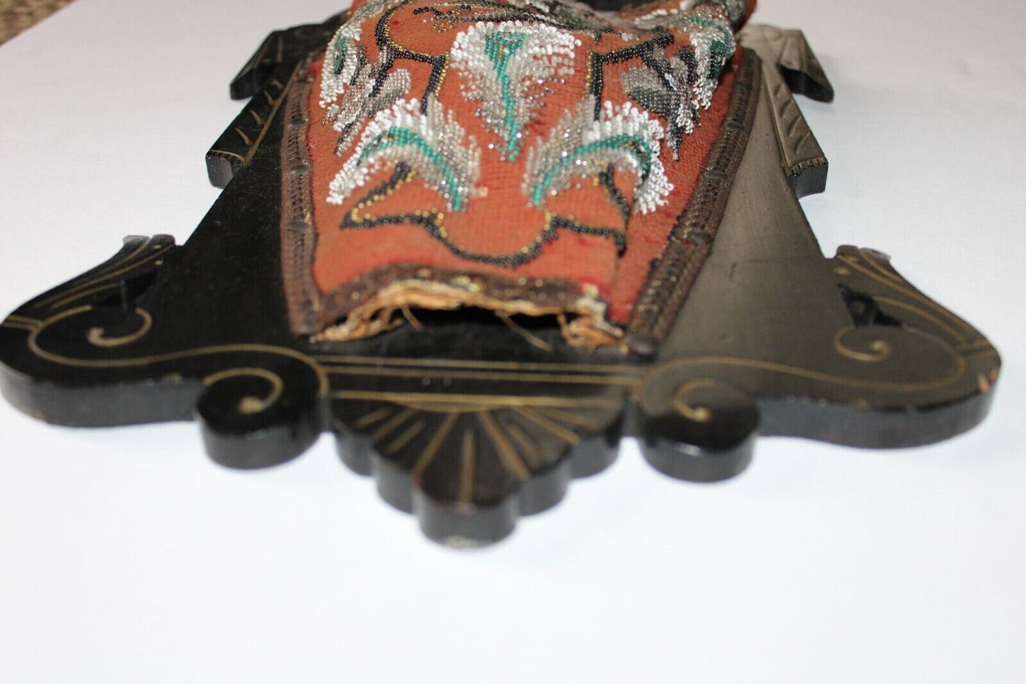 Rare Antique Ornate Victorian Eastlake 1881 Beaded Floral Wall Slipper Pocket
