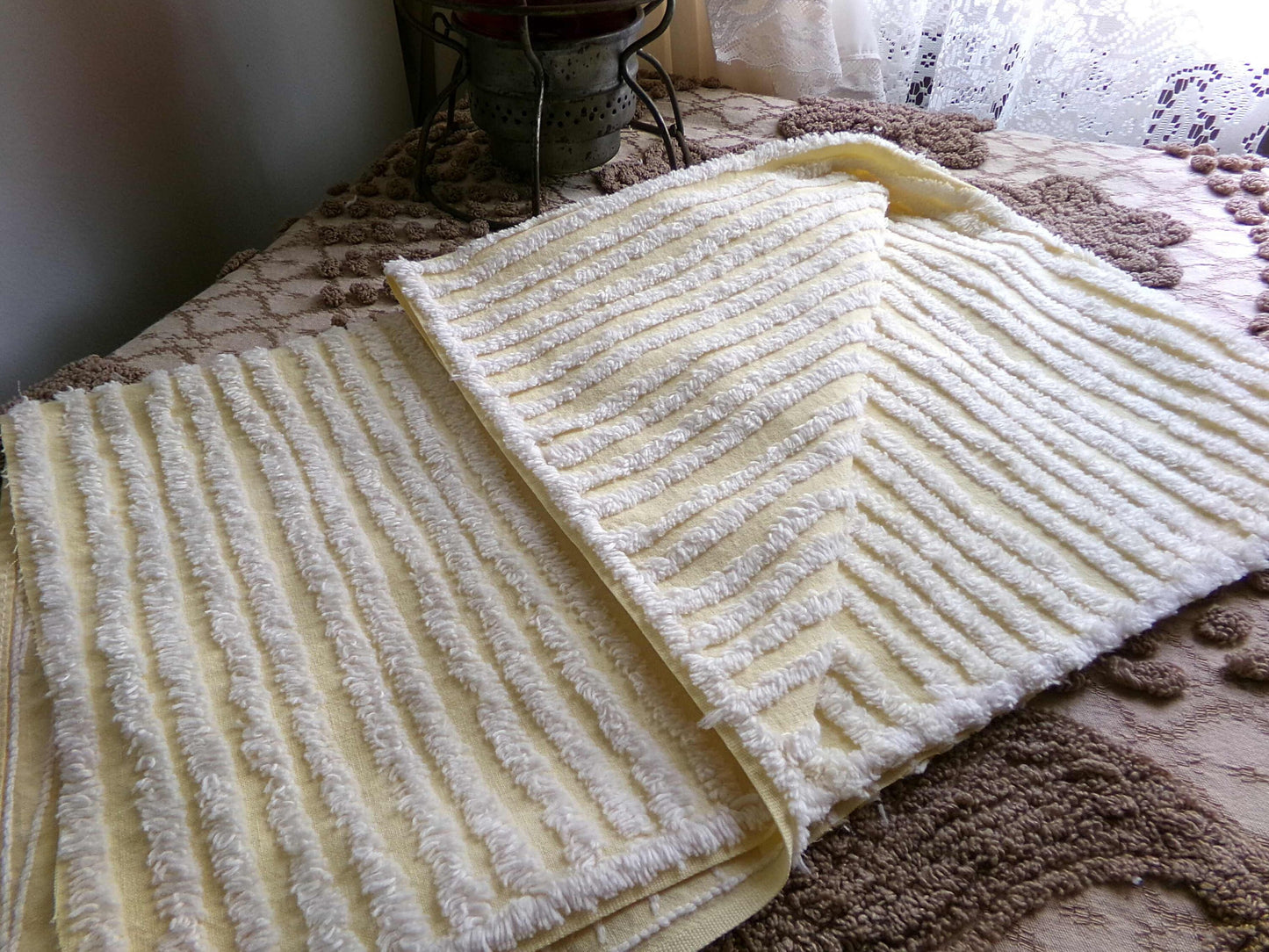Sunny Yellow Striped Vintage Chenille Quilt Fabric, 18" x 30" inch Piece, White Stripes, 100% Cotton