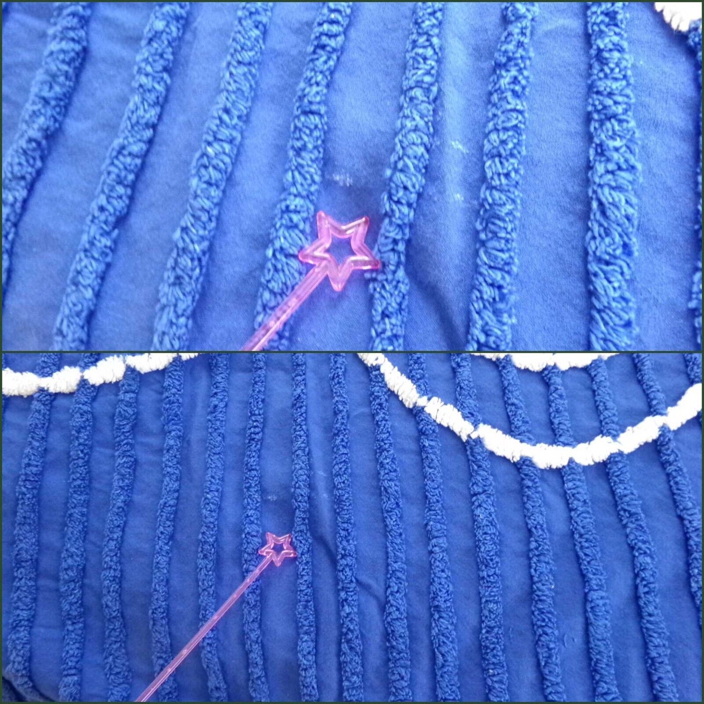 Regal Blue Vintage Chenille Bedspread, Pink Rosettes & White Waffle Tufts, Full Size