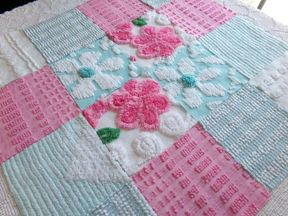 spring waltz vintage 6" chenille squares, set of 16 pink & aqua quilt blocks rotary cut from vintage chenille bedspread fabrics