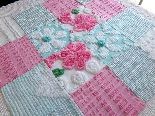 spring waltz vintage 6" chenille squares, set of 16 pink & aqua quilt blocks rotary cut from vintage chenille bedspread fabrics