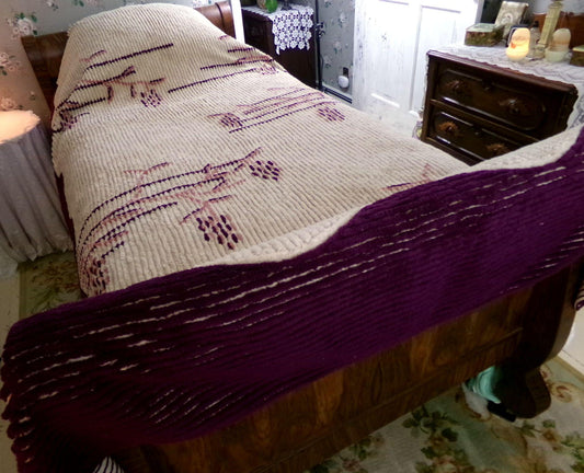 Shabby Cattails Vintage Chenille Bedspread in Art Deco Design, Honey Beige & Wine Twin Size Antique Bedding, #2