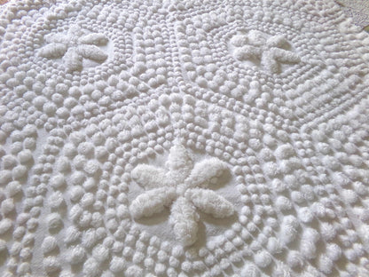 star mist white vintage chenille fabric, coastal 3D radiating starry pop motifs, 21" x 26" cut piece with fringe for pillows handmade quilts