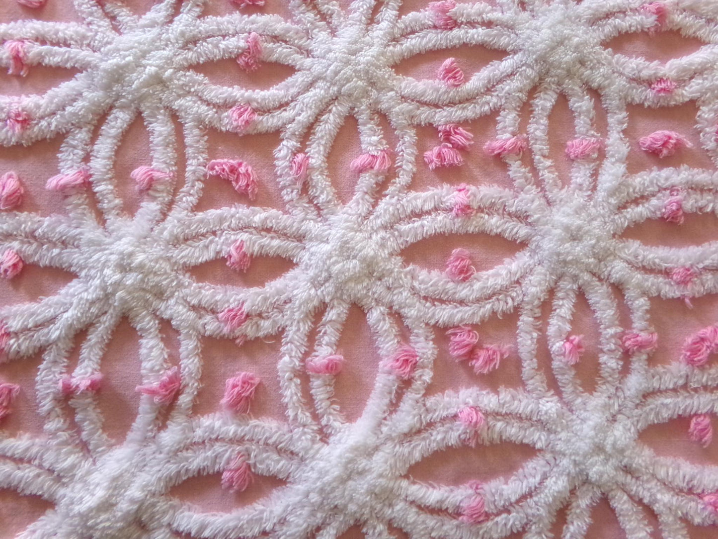 perfectly pink chenille fabric, white tufted wedding rings & sprinkle pops, 18" x 24" inch piece cut from vintage chenille bedspread