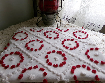 ruby red rings in white diamonds vintage chenille fabric, charming antique handtufted 20"x 25" inch piece of sewing & quilt material