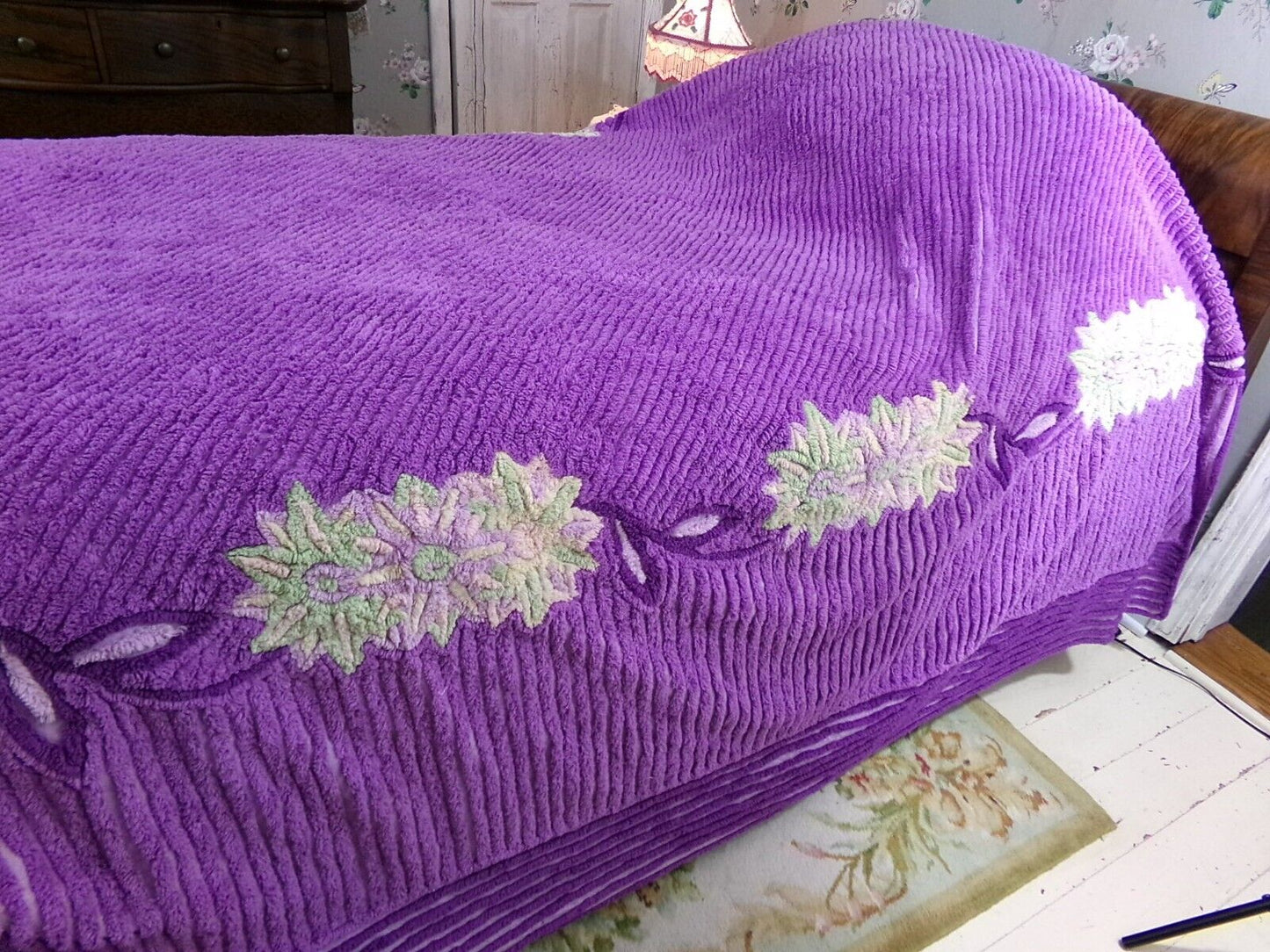 Plush Purple Passion Vintage Chenille Bedspread, Green Lily Floral Full Size Bedding