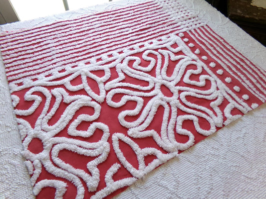 cherry red & white vintage chenille fabric, victorian scroll stripe design, 20" x 24" cut piece of craft, sewing, pillow, quilt material