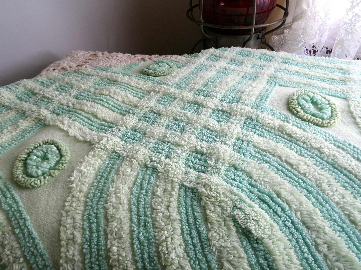 Retro Two Tone Shamrock Green Vintage Chenille Fabric Material, 18" x 31" inch Piece, Donut Dots, Long Tonal Stripes