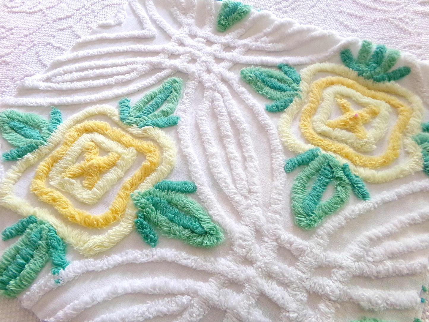 Shabby Chic Chenille Fabric, Yellow Cabbage Roses on White Cotton, 30" x 17" inch Piece, Pretty in Pillows & Quilts