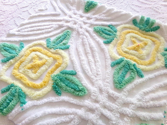 Shabby Chic Chenille Fabric, Yellow Cabbage Roses on White Cotton, 30" x 17" inch Piece, Pretty in Pillows & Quilts