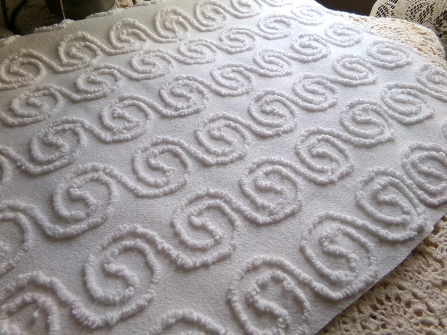 spiral curls white vintage chenille fabric, ultra lightweight cotton sewing material with great texture & presentation, 20" x 24" inch piece