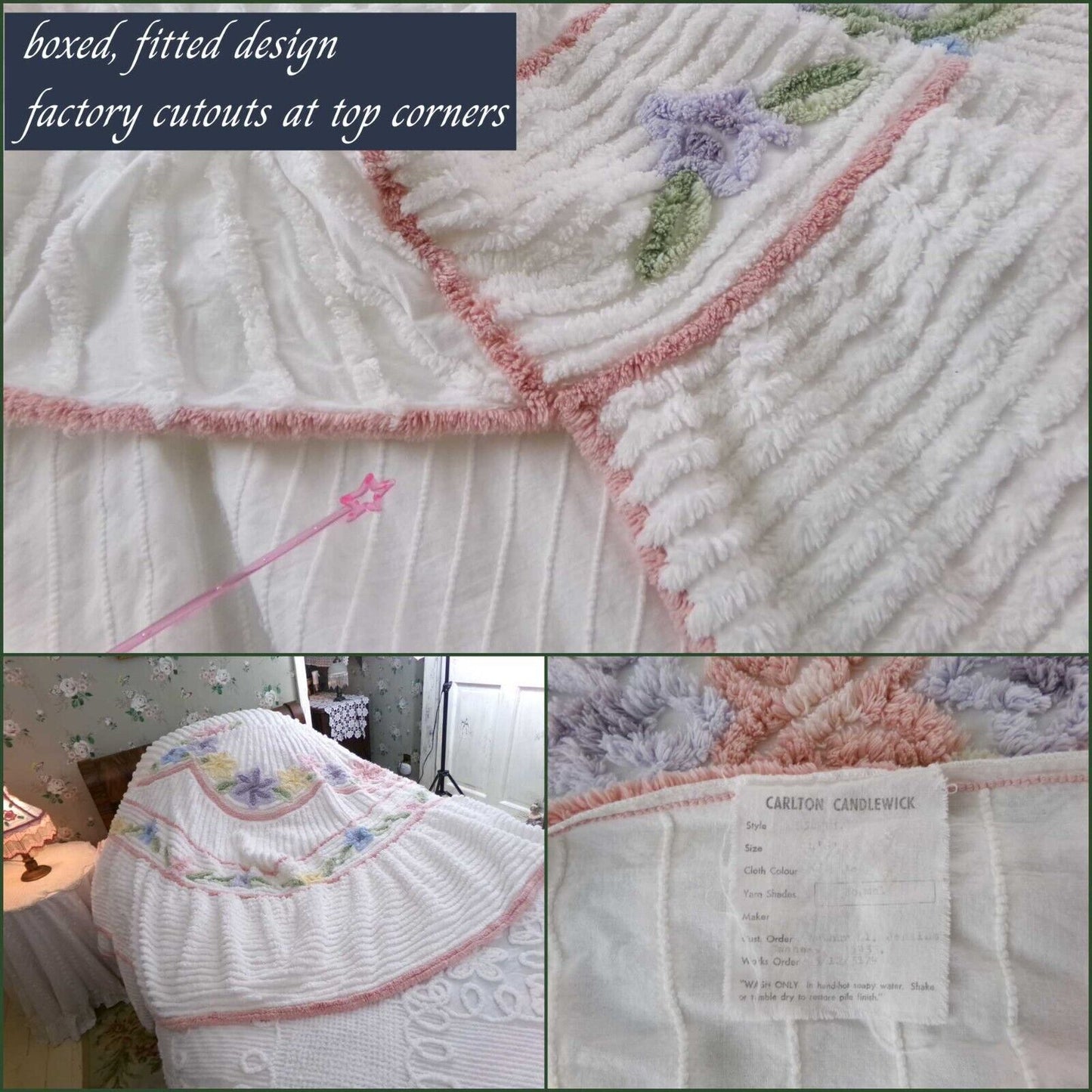 Luxury Floral Vintage White Chenille Bedspread, Boxed & Fitted Design, Full Size