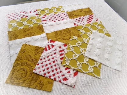 Vintage Chenille Fabric Squares - Set of 16 - Sporty Gold, White & Red - 6" Quilt Blocks