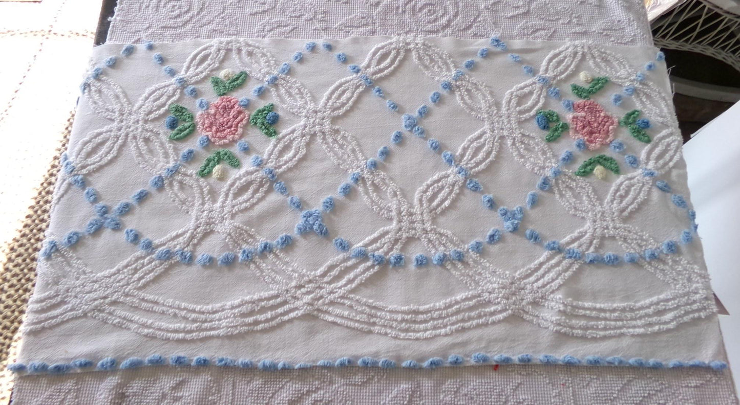 beach cottage fabric, cut from vintage chenille bedspread, 18" x 34" piece with 2 floral motifs, ideal for quilting & sewing