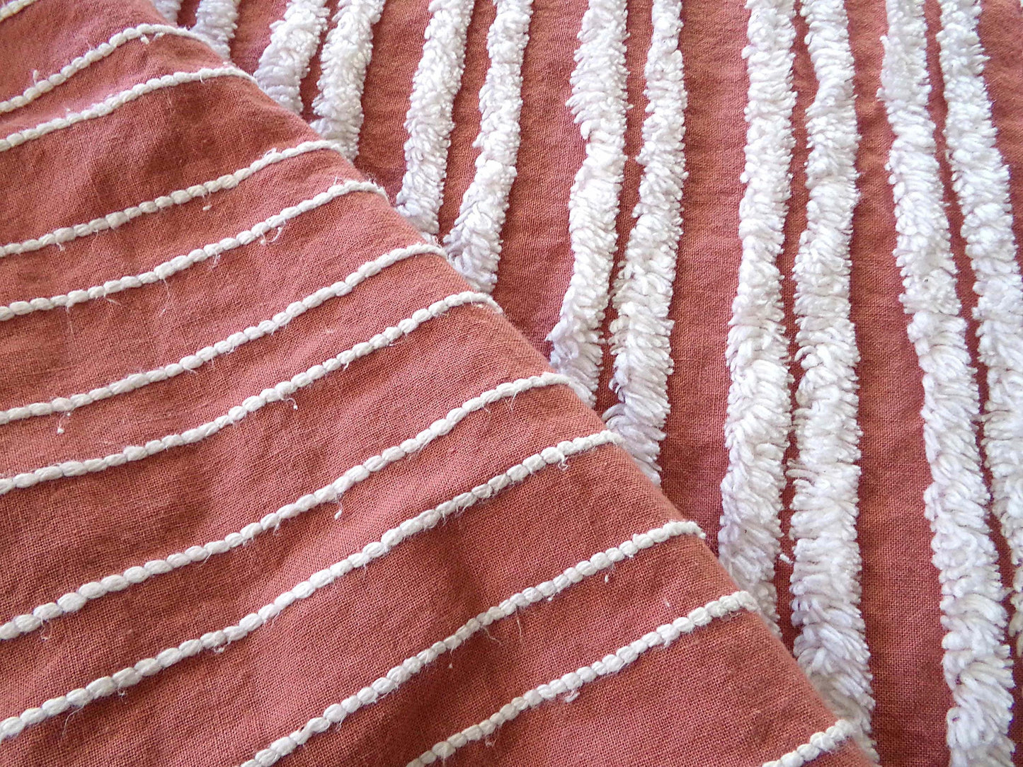 Terracotta & White Striped Vintage Chenille Fabric, Double Stripe Design, 15" x 28" inch piece of Boho Sewing Material for Quilts, Crafts
