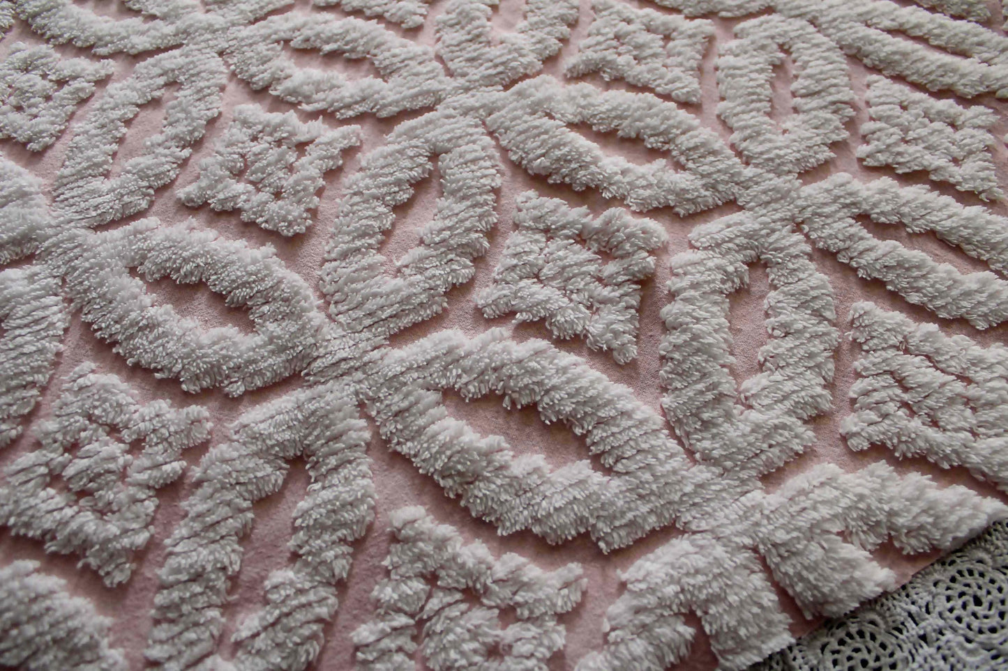 sculpted petals vintage chenille fabric, white tufting on cool pink, 20" x 25" inch piece, 100% cotton