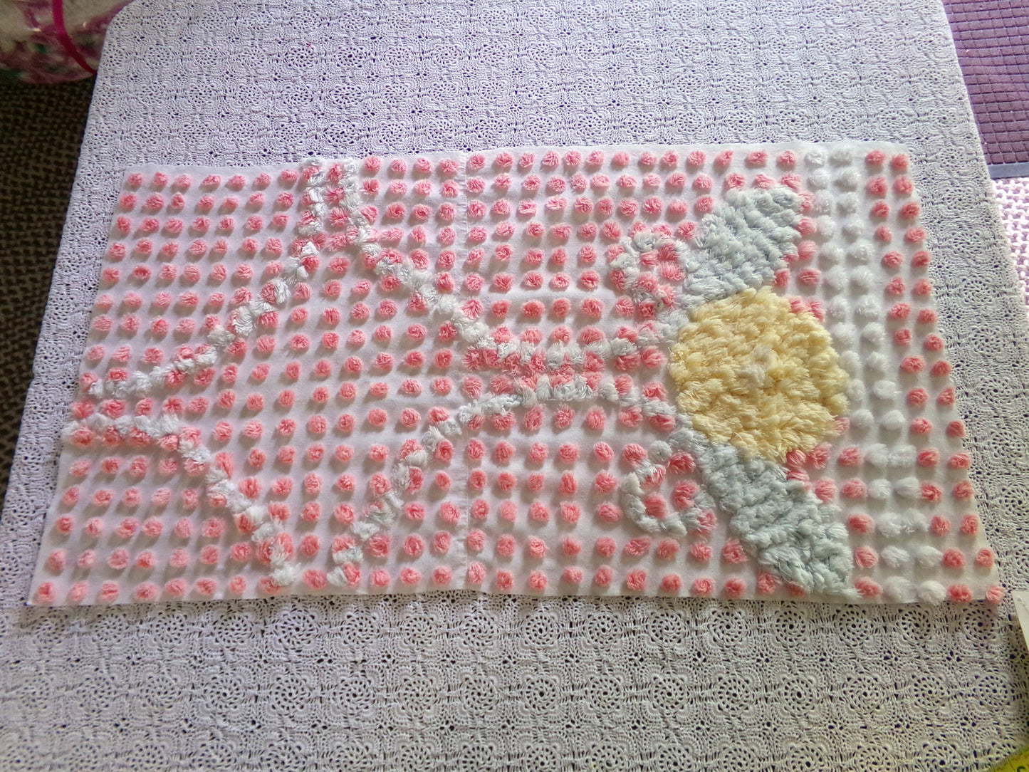 Precious Pink Pops Vintage Chenille Fabric, 15" x 28" Inch Piece, 100% Cotton, Antique Handtufted Plush Flower, Great for DIY Pillows