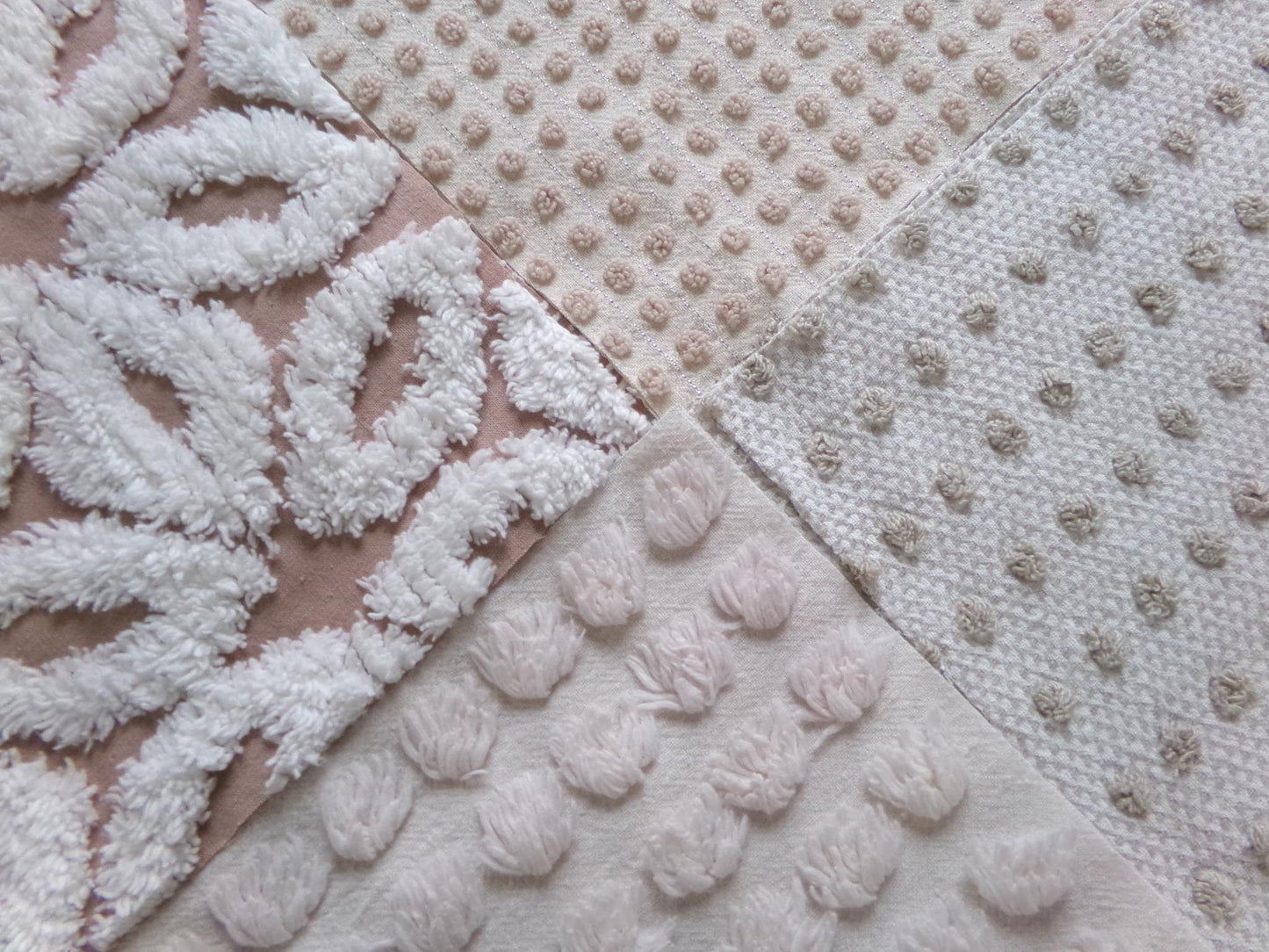 contemporary neutral chenille fabric squares, set of 4 texturized vintage large quilt blocks 12" inches ea, dots & daisies