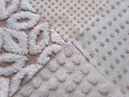 contemporary neutral chenille fabric squares, set of 4 texturized vintage large quilt blocks 12" inches ea, dots & daisies
