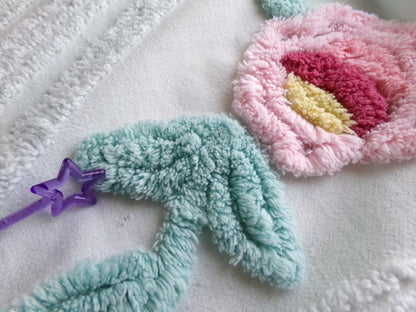 Rose Aqua Mist Vintage Chenille Fabric, 25" x 24" Piece, 100% Lightweight Cotton, Lovely Simple Floral Geometric Design