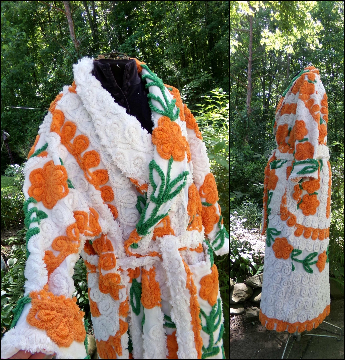 Plush & Warm Women's Chenille Robe, "Citrus Dreams" Bathrobe Upcycled from Vintage Chenille Bedspread Fabrics, Size L XL 1X