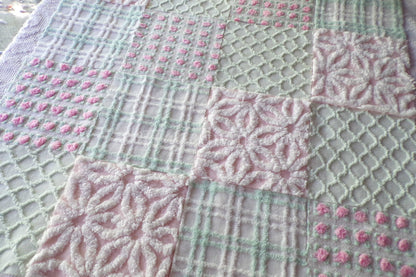 Picnic Time Chenille Quilt Squares Set from Vintage Bedspread Fabric, 16 Blocks, 6" x 6" inches each, Pretty Green, White, Pink Rosebud